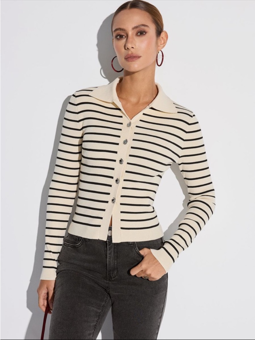 REVOLVE Cream and Black Striped Button-Front Long Sleeve Polo Cardigan